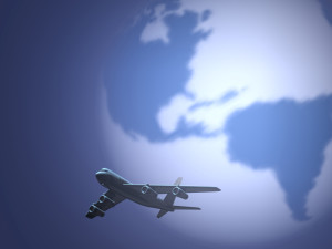 Conceptual airplane scene with Earth globe in background - 3d render